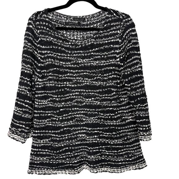 Eileen Fisher Small Black White Striped Open Knit Sweater Scoop Neck 3/4 Sleeve - Picture 1 of 9